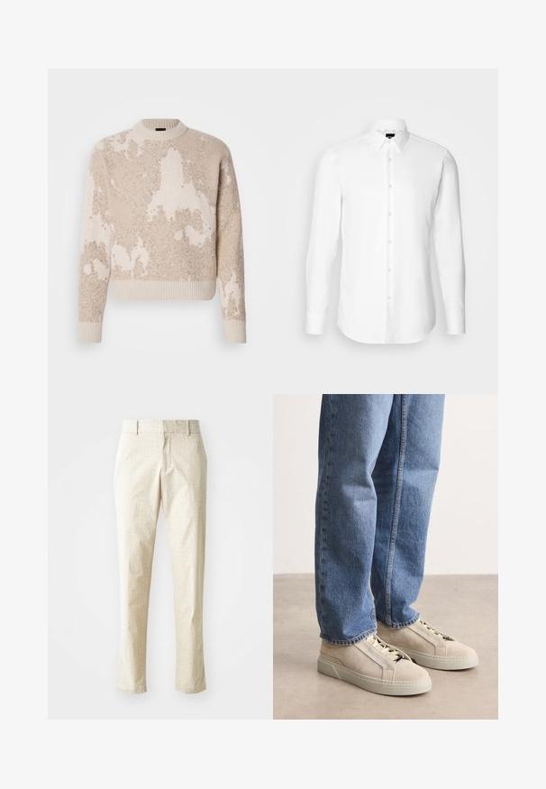 Beige und cremefarbener strukturierter Strickpullover mit abstrakten Mustern, geripptem Rundhalsausschnitt, Bündchen und Saum, auf weißem Hintergrund präsentiert.; Weißes Langarmhemd, vorne mit Knöpfen, klassischer Kragen, aus glattem Stoff mit feiner Textur, für eine figurnahe Passform entworfen.; Hellbeige maßgeschneiderte Hose mit strukturiertem Muster, geradem Beinanschnitt und mittelhoher Taille, mit Gürtelschlaufen und ohne sichtbare Taschen.; BOSS GARYTENN_SDHDEL - Sneaker low - natural ten