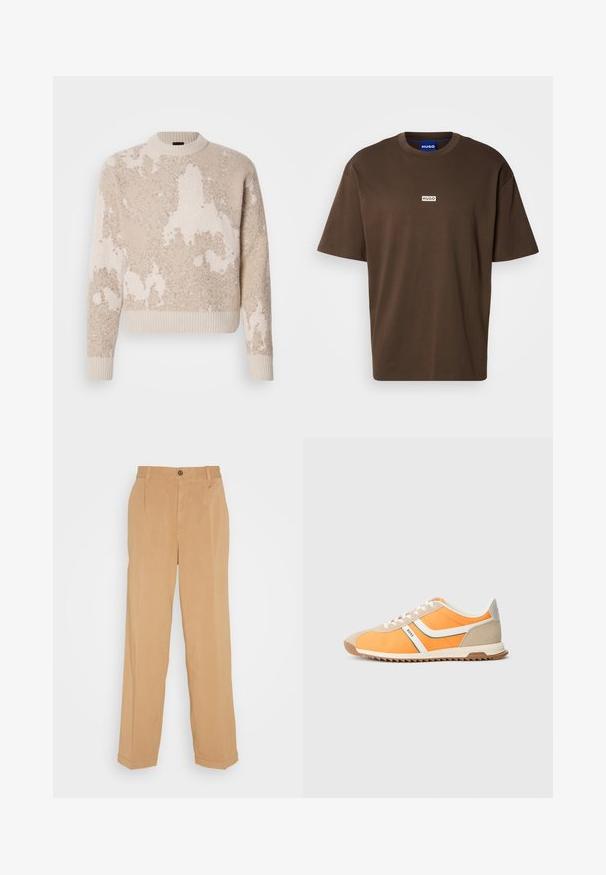 Beige und cremefarbener strukturierter Strickpullover mit abstrakten Mustern, geripptem Rundhalsausschnitt, Bündchen und Saum, auf weißem Hintergrund präsentiert.; Braunes Baumwoll-T-Shirt mit kurzen Ärmeln und rundem Ausschnitt. Auf der Vorderseite befindet sich ein kleines weißes rechteckiges Logo mit der Aufschrift "HUGO".; Beige weite Hose aus weichem Stoff, mit zwei frontalen Taschen, einem Knopfverschluss und Bügelfalten entlang der Beine.; Sneaker mit einem orange-beigen Mesh-Obermaterial, weißen Akzenten, grünen Linien und einer strukturierten Gummisohle. Mit abgerundetem Zehenbereich und Schnürdesign.