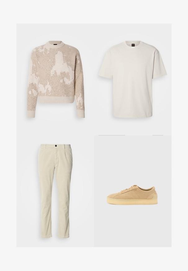 Beige und cremefarbener strukturierter Strickpullover mit abstrakten Mustern, geripptem Rundhalsausschnitt, Bündchen und Saum, auf weißem Hintergrund präsentiert.; Kurzärmliges T-Shirt mit Rundhalsausschnitt aus Baumwolle in Off-White, mit geradem Schnitt und minimalem Branding am Kragen. Weiche Textur, keine Muster.; Helle beige Corduroyhose mit geradem Schnitt, ausgestattet mit einem einzelnen schwarzen Knopfverschluss und einer subtilen gerippten Textur. Keine Taschen sichtbar.; Beiger Wildleder-Sneaker mit flacher Silhouette, dicker Kautschuksohle, Schnürverschluss und dezentem seitlichem Branding vor einem schlichten hellgrauen Hintergrund.