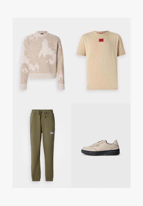 Beige und cremefarbener strukturierter Strickpullover mit abstrakten Mustern, geripptem Rundhalsausschnitt, Bündchen und Saum, auf weißem Hintergrund präsentiert.; Beige Baumwoll-T-Shirt mit lockerer Passform, das ein kleines rotes "HUGO"-Logo-Patch in der Mitte und einen klassischen Rundhalsausschnitt aufweist.; Olivgrüne Jogginghose aus weichem Stoff, mit einem elastischen Bund und einem Kordelzug sowie einem kleinen gestickten Logo auf der Vorderseite.; Beige Leder Sneakers mit schwarzem Gummisohle, runder Zehenform und flachen Schnürsenkeln. Mit dezenten Nähten und einem Logo an der Seite.