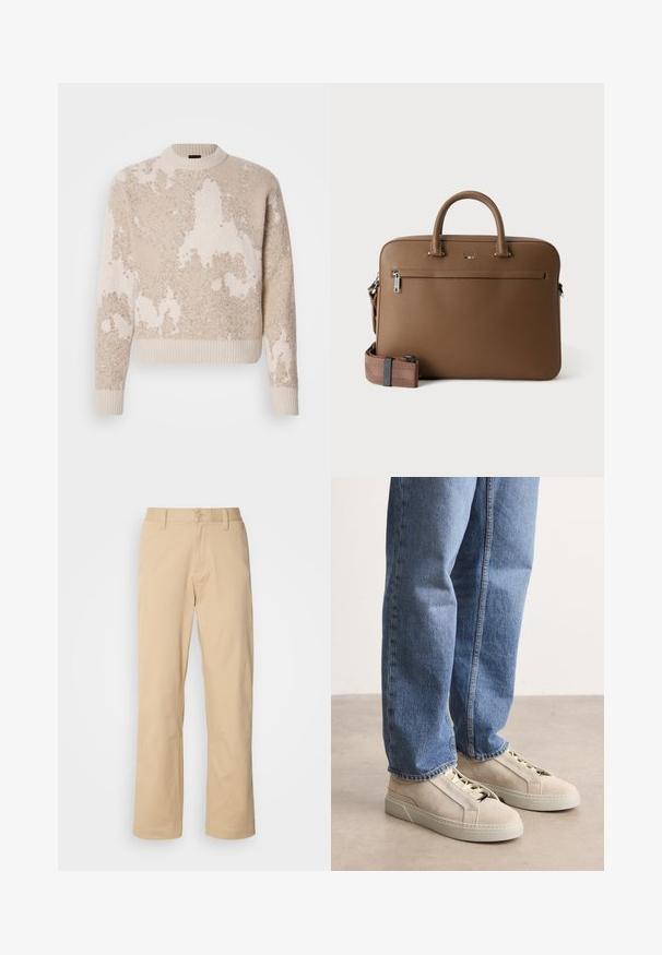 Beige en crème gestructureerde gebreide trui met abstracte patronen, geribde ronde hals, manchetten en zoom, tentoongesteld op een witte achtergrond.; HUGO ZAYN - Broek - medium beige; BOSS GARYTENN_SDHDEL - Sneakers laag - natural ten; Bruine leren aktetas met bovenhandvatten, voorvak met ritssluiting en afneembare bijpassende schouderriem op witte achtergrond.