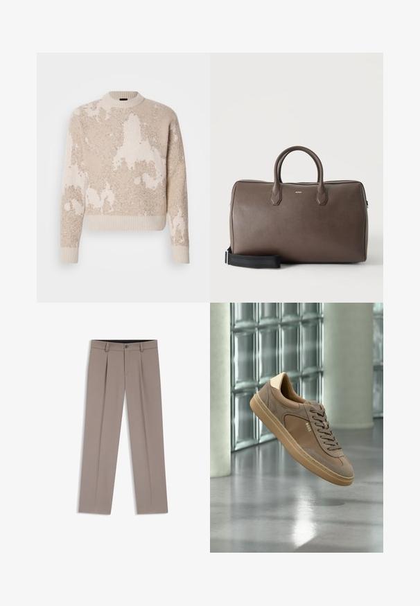 Beige og creme farvet tekstureret strikket sweater med abstrakte mønstre, ribbet rund hals, manchetter og kant, præsenteret på en hvid baggrund.; Lysebrune herrebukser med bæltestropper, plisseringer, knaplukning foran og lynlås, lagt fladt på en hvid baggrund.; Beige casual sneaker med snørebånd og "BOSS"-logo, som svæver over en poleret betongulv med glasblokvæg i baggrunden.; Brun læder duffel taske med to håndtag, en sort justerbar skulderrem og et lille "BOSS" logo på fronten i midten.