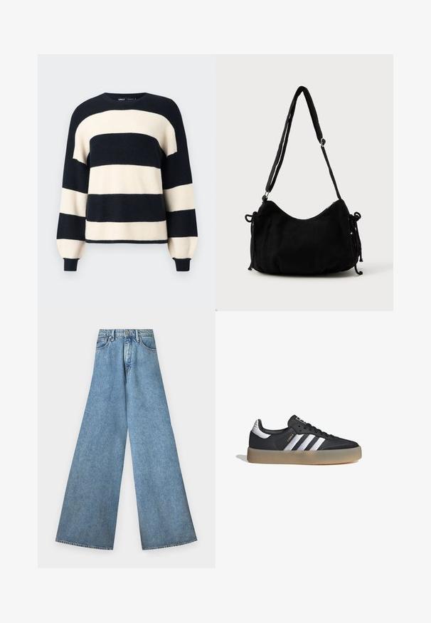 Suéter a rayas con amplias franjas horizontales en azul marino y crema. Cuello y puños acanalados con un ajuste relajado. Textura suave.; Good American PANELED WIDE LEG - Pernera ancha - indigo; Zapatilla deportiva de cuero negro con tres rayas plateadas, punta texturizada y suela de goma. Cuenta con un collar acolchado y un diseño con cordones.; Bolso de hombro de pana negra con forma curva, correa ajustable y cierres de cordón en ambos lados para ajustar el tamaño.