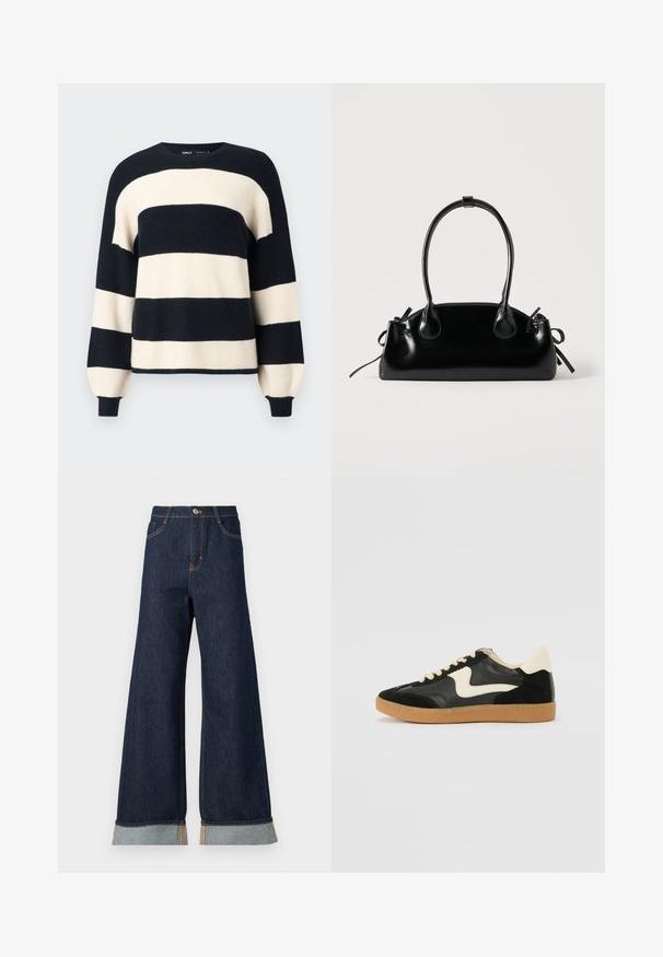 Stribet sweater med brede horisontale striber i marineblå og cremefarve. Ribbet halsudskæring og manchetter med en afslappet pasform. Blød tekstur.; Bredde ben mørk denim jeans med orange syninger, med høj talje, to forlommer og opbrettede manchetter, der viser et lysblåt kontraststof.; Sorte ruskinds- og lædersneakers med en cremefarvet side-swoosh og lys cremefarvet hæl. Har beige snørebånd og en gummirubber-sål.; Lille sort blank håndtaske med to lange håndtag og snøre-detaljer i siden på en ensfarvet lys baggrund.