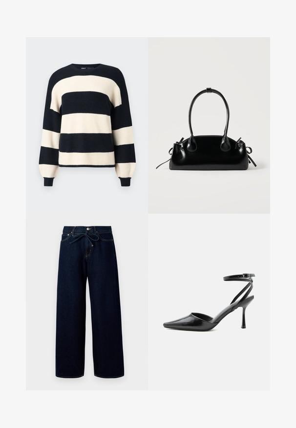 Stribet sweater med brede horisontale striber i marineblå og cremefarve. Ribbet halsudskæring og manchetter med en afslappet pasform. Blød tekstur.; Mørkeblå vide jeans lavet af denim, med en frontknaplukning og en snørelukning i taljen, samt kontrasterende syninger.; Sort spids højhælet sko med tynde ankelremme og sølvspænde på en ensfarvet lys baggrund.; Lille sort blank håndtaske med to lange håndtag og snøre-detaljer i siden på en ensfarvet lys baggrund.