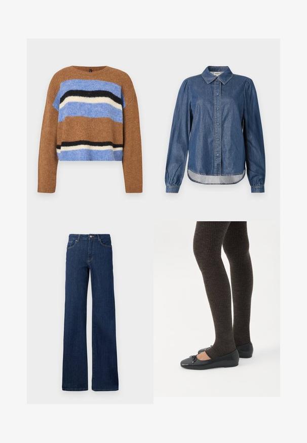 Pull en maille marron avec un col rond, présentant des rayures horizontales en bleu clair, noir et blanc. Texture douce, coupe décontractée, ourlet côtelé.; Chemise en denim bleu foncé avec un col, fermée par des boutons à l'avant, manches longues bouffantes et ourlet arrondi, avec des coutures contrastantes.; Jean en denim bleu foncé avec une coupe droite, cinq poches, fermeture par bouton et zip, et peu de détails de couture. Texture lisse.; Jambes portant des leggings côtelés foncés associés à des ballerines noires avec de petits détails en nœud sur fond blanc.