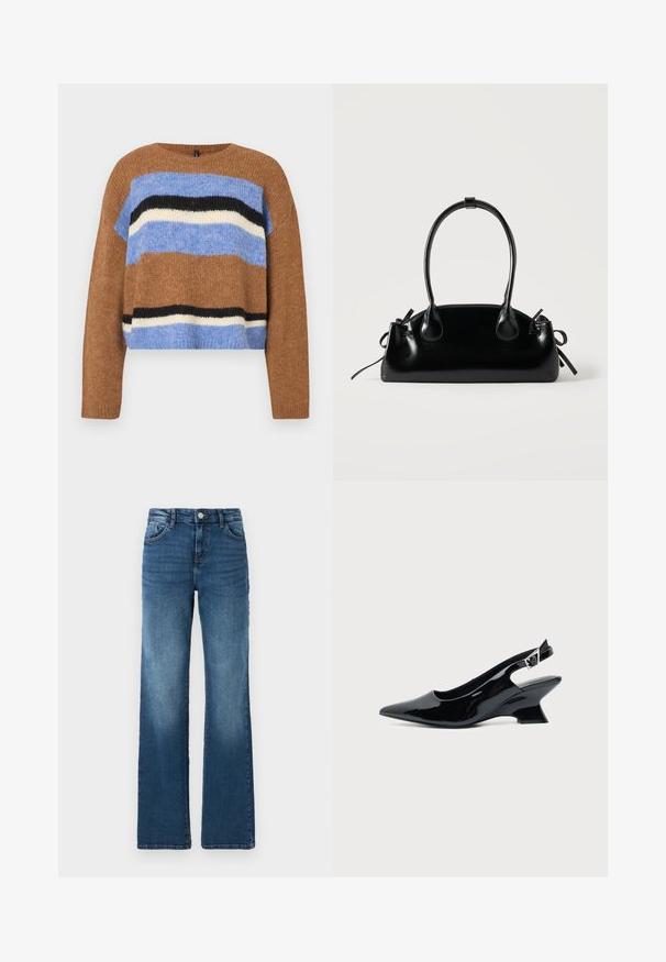 Pull en maille marron avec un col rond, présentant des rayures horizontales en bleu clair, noir et blanc. Texture douce, coupe décontractée, ourlet côtelé.; Jeans en denim bleu avec une coupe droite, cinq poches, un léger décoloration, fermeture par bouton et détails de couture contrastants.; Chaussure slingback en cuir verni noir avec bout pointu et petit talon bloc incliné sur fond clair uni.; Petit sac à main noir brillant avec deux longues anses et des détails à cordon sur les côtés sur un fond clair uni.