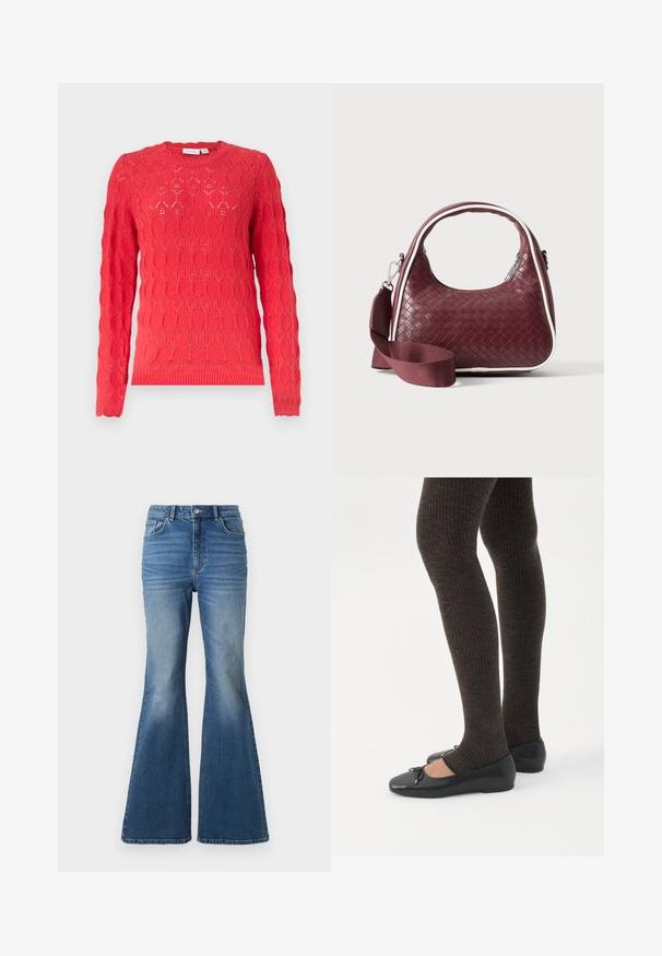 Pull en maille rouge à manches longues avec col rond et motif ajouré oval texturé sur toute la surface.; Jean en denim bleu taille haute, évasés, avec un effet délavé, comportant deux poches avant, une fermeture à bouton, et des détails cousus sur les coutures.; Jambes portant des leggings côtelés foncés associés à des ballerines noires avec de petits détails en nœud sur fond blanc.; Sac à main en cuir tressé marron foncé avec poignée courbée, garniture blanche, fermeture éclair argentée et bandoulière large en tissu amovible sur fond uni.