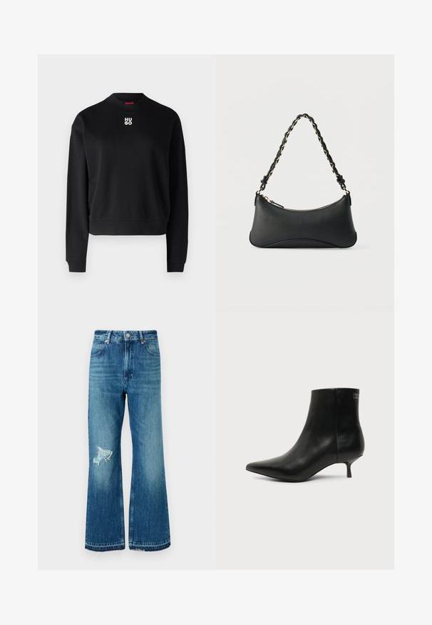 Sweatshirt noir en tissu doux, avec un col rond et des poignets côtelés. Le logo "HUGO" en blanc est centré sur la poitrine.; Jean en denim bleu évasé avec un ourlet effiloché et une pièce abîmée sur la cuisse gauche. Présente un design classique à cinq poches et des boutons en métal.; Bottine en cuir noir avec bout pointu et petit talon kitten sur fond clair, vue côté extérieur.; Sac à bandoulière en cuir noir de forme rectangulaire incurvée, avec une chaîne dorée tissée dans la bandoulière noire tressée et une fermeture éclair sur le dessus.