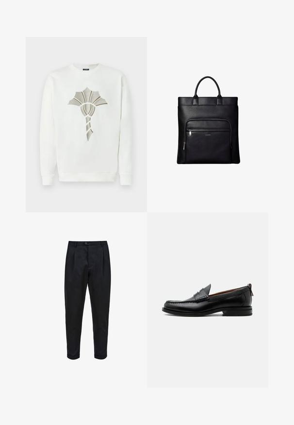 Hvid sweatshirt med et tekstureret, metallic guld- og sølvskald-design i midten; har runde udskæring og ribbede manchetter.; Sorte bukser lavet af et glat stof, med plisseret for, tætsiddende pasform og optrukne mansjetter. Enkel knaplukning i taljen.; Sort læder herre loafer med moc-tå syning, penny strop, struktureret krave og lav stablet hæl på hvid baggrund.; Sort læder tote taske med top håndtag og en front lynlåslomme med et lille Calvin Klein-logo på lommen.