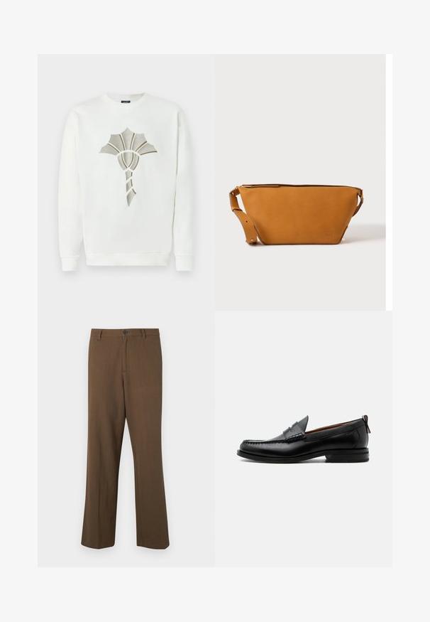 Hvid sweatshirt med et tekstureret, metallic guld- og sølvskald-design i midten; har runde udskæring og ribbede manchetter.; Brune, lige bukser lavet af tekstureret stof, med knaplukning og standard talje, samt sidelommer og skrædder-sømme.; Sort læder herre loafer med moc-tå syning, penny strop, struktureret krave og lav stablet hæl på hvid baggrund.; Lys brun læder crossbody taske med justerbar rem og lynlås, vist mod en ensartet lys baggrund.