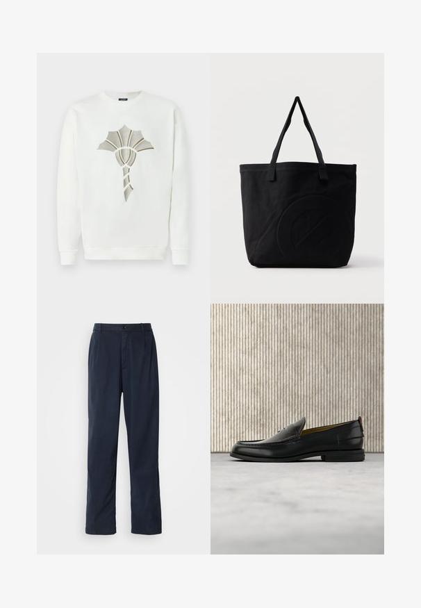 Hvid sweatshirt med et tekstureret, metallic guld- og sølvskald-design i midten; har runde udskæring og ribbede manchetter.; Mørkeblå bukser lavet af en bomuldsblanding. Har et lige ben design, en frontknaplukning og diskrete plisser. Glat tekstur.; Sort læder herreloafer med krokodillepræget forstykke og lav hæl, vist i profil på en neutral baggrund.; Sort canvas-tote-taske med to skulderstropper og et diskret præget cirkeldesign på fronten.