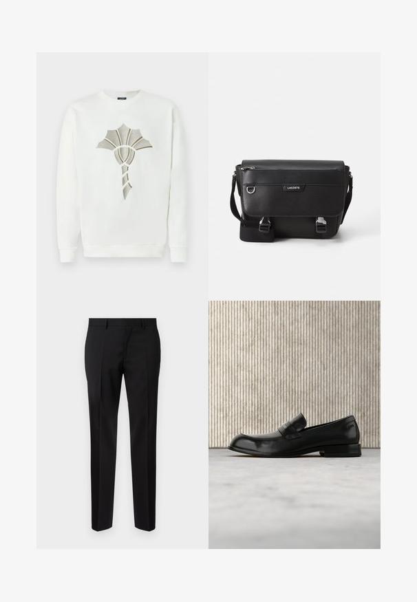 Hvid sweatshirt med et tekstureret, metallic guld- og sølvskald-design i midten; har runde udskæring og ribbede manchetter.; Sorte skræddersyede bukser lavet af glat stof, med lige ben, raffinerede folder og en klassisk talje med bæltestropper.; Sort læderloafer med metalaccent, vist svævende over et beige tæppe, med et rundt, ravfarvet bord i baggrunden.; Sort tekstureret Lacoste messengertaske med justerbar rem, frontklap, lynlås lomme og metalspænder.
