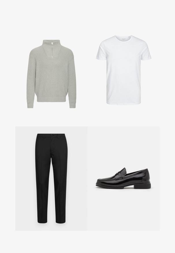Lys grå ribbet striktrøje med halvlukket krave og dropped skuldre. Har en afslappet pasform og tekstureret stof.; Rundhals kortærmet t-shirt i ensfarvet hvid, lavet af blød bomuld, har et simpelt design uden synlige mønstre eller detaljer.; Sorte bukser lavet af glat stof med slim fit, med knaplukning, bæltestropper og lige ben.; Sorte læder loafers med en rund tå, der har en syet detalje over vristen og en lav blokhæl. Glat tekstur og blank finish.