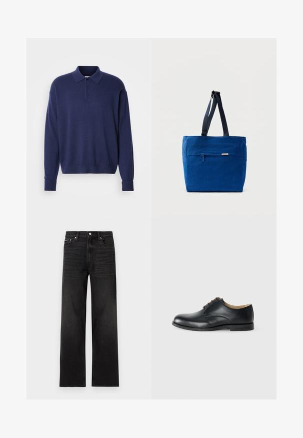 Tumedast sinine pullover-sweater, millel on krae, pikad varrukad ja soonikkoesed. Pehme tekstuur, mugav lõige ja kolme nupuga lohutus.; Mustad sirgete sääreosadega teksad, millel on viie tasku disain, vööaasad ja nööpidega kinnitamine, valgel taustal.; Calvin Klein ESS DERBY - Paeltega jalanõud - triple black; Sinine lõuendist õlakott esiktasku, topeltrihmade ja ristkülikukujulise kujundusega. Omab diskreetset brändi sildi detaili.