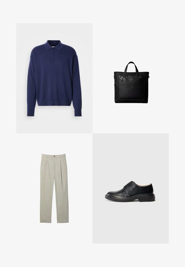 Tumedast sinine pullover-sweater, millel on krae, pikad varrukad ja soonikkoesed. Pehme tekstuur, mugav lõige ja kolme nupuga lohutus.; Heledate beeži värvi kohandatud püksid ees volditud, küljetaskud, vööaasad ja nööpidega kinnitamine valgel taustal.; Mustad musta nahast oxfordsärk, ümarate varvastega, nööbiga esiosa ja madala kihilise kandaga, heledal taustal.; Must kahe käepidemega kandekott, suur esiosa nahast tasku tõmblukuga ja diskreetne Calvin Kleini logo tasku keskel.