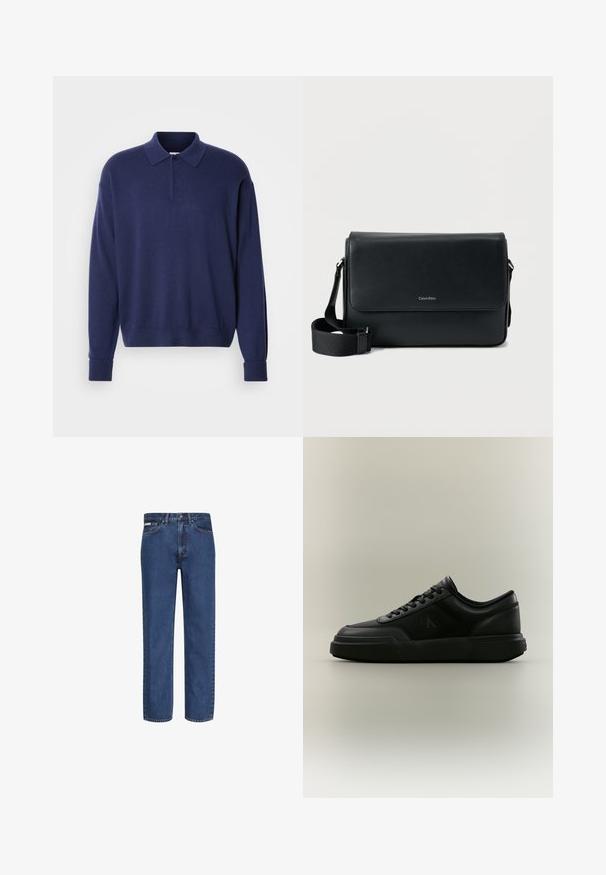 Marineblå sweater med krave, lange ærmer og ribbede manchetter. Blød tekstur med en afslappet pasform og en tre-knaps stolpe.; Blå straight-leg jeans lavet af denim, med fem lommer, knap- og lynlåslukning samt subtil falming på stoffet.; Sort lavtop sneaker med snøredesign, tyk sål og subtilt "cK" logo på siden mod en ensfarvet beige baggrund.; Sort læder messenger taske med tekstureret finish, justerbar rem og en frontklap med et diskret logo. Kompakt og rektangulær form.