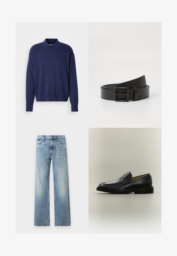 Marineblå sweater med krave, lange ærmer og ribbede manchetter. Blød tekstur med en afslappet pasform og en tre-knaps stolpe.; Lyseblå denim jeans med lige ben, højt talje, fem lommer, knaplukning og diskrete falmede områder på lår og knæ.; Sort læder herreloafer med lav hæl og en remdetalje over vristen, vist i profil på en neutral baggrund.; Sorte læderbælte med en rektangulær metalspænde. Har en glat overflade og minimalistisk design, ruller let ved enden.