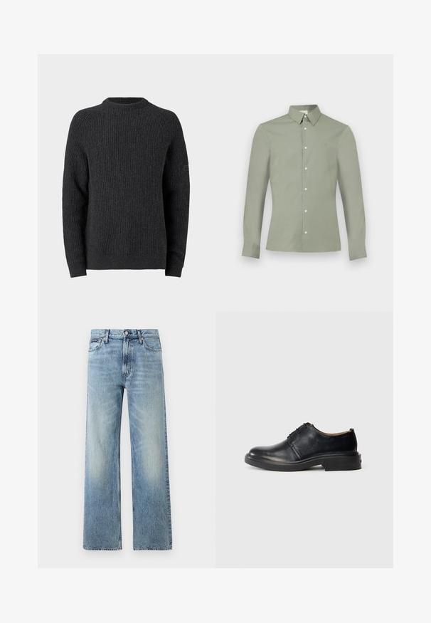 Pull gris foncé en maille avec une texture côtelée, col rond et manches longues. Présente une petite étiquette sur la manche gauche.; Chemise à manches longues vert clair avec col boutonné et boutons blancs, présentée sur un fond blanc uni.; Jean droit en denim bleu clair avec taille haute, cinq poches, fermeture à boutons et léger délavage sur les cuisses et les genoux.; Chaussure oxford en cuir noir avec un bout rond, un laçage à l'avant et un petit talon empilé, sur fond clair.