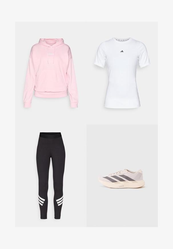 Heledate roosa kapuutsiga sviiter, mis on valmistatud pehmest kangast. Omab reguleeritavat kapuutsi, eesmist taskut ja soonikkoes mansette ning alumist äärt. Adidas logo valges värvitoonis.; Valge lühikeste varrukatega sportlik särk, mis on valmistatud siledast ja venivast kangast. Rinnal on väike must Adidas'i logo.; Mustad venitusmaterjalist mustad retuusid, millel on lai vöökoht ja kolm valget horisontaalset triipu alumiste jalgade lähedal.; Kerged sporditossud helelilla ja halli toonis, millel on võrguline pealmine osa, kolm tumedat triipu ning paks kreemjas tallaosa, millel on silt "LIGHTSTRIKE PRO".