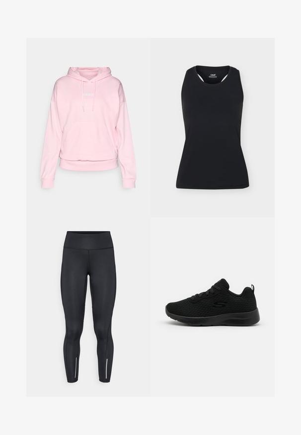 Helle rosa Kapuzenjacke aus weichem Stoff. Verfügt über eine Kapuze mit Kordelzug, eine frontale Tasche und gerippte Bündchen sowie einen Saum. Adidas-Logo in Weiß.; Schwarzes ärmelloses Sporttanktop mit rundem Ausschnitt und Racerback-Design, auf schlichtem, hellem Hintergrund dargestellt.; Schwarze Leggings aus elastischem Material mit hohem Bund, ausgestattet mit reflektierenden Akzenten in der Nähe der Knöchel und glatter Textur.; Schwarze Sportsneaker mit einem Obermaterial aus Mesh, gepolstertem Kragen, Schnürdesign und einer strukturierten Gummisohle. Schlichte und schlanke Silhouette.