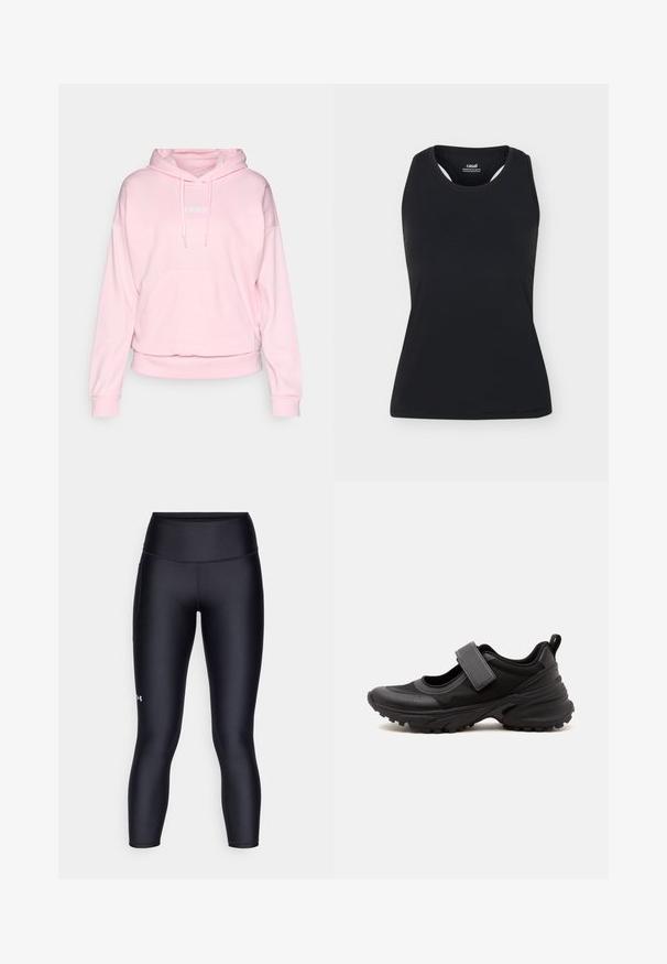 Svetloružová mikina vyrobená z mäkkého materiálu. Má kapucňu na šnúrku, prednú kapsu a rebrované manžety a lem. Logo Adidas v bielej farbe.; Čierne športové tielko bez rukávov s okrúhlym výstrihom a zadným dizajnom racerback, zobrazené na jednoduchom svetlom pozadí.; Čierne legíny vyrobené z hladkej, elastickej tkaniny. Vysoký pás s priliehavým strihom a malým logom na ľavej nohe.; Čierna športová topánka v štýle Mary Jane s hrubou podrážkou s dezénom, nastaviteľným remienkom cez vrch a ťahacou slučkou na päte.