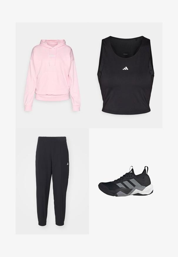 Vaaleanpunainen huppari, joka on valmistettu pehmeästä kankaasta. Siinä on nauhakuori, etutasku ja ribbireunat hihansuissa ja helmassa. Adidas-logo valkoisena.; Musta urheilu crop-top, joka on valmistettu kosteutta siirtävästä kankaasta. Siinä on pyöreä kaula-aukko, hihaton malli ja valkoinen logo rinnassa.; Mustat urheiluhousut, jotka on valmistettu sileästä kankaasta. Kapeneva malli ja joustavat hihansuut. Vasemmassa lantiossa pieni valkoinen logo.; Musta urheilukenkä, jossa on hengittävä verkko-yläosa, harmaat yksityiskohdat, teksturoitu pohja ja kolme erottuvaa raitaa sivussa.