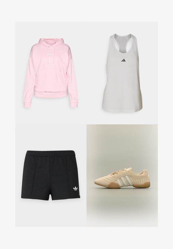 Sudadera de color rosa claro hecha de una tela suave. Presenta una capucha con cordón, bolsillo frontal y puños y dobladillo acanalados. Logo de Adidas en blanco.; Camiseta deportiva blanca de tirantes, confeccionada en un tejido ligero, con un diseño de espalda cruzada y un pequeño logo negro en el pecho.; Pantalones cortos deportivos negros con cintura elástica y pequeño logo blanco de trébol de Adidas en la pierna izquierda.; Zapatilla beige de ante con franjas blancas y suela de goma texturizada, vista lateral sobre fondo neutro.