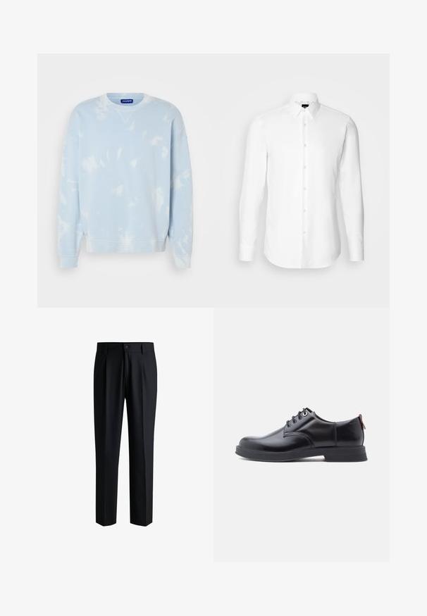 Sweat-shirt bleu clair avec un motif tie-dye, col rond et manches larges. Fabriqué en tissu doux avec des poignets et un ourlet côtelés.; Chemise blanche à manches longues, boutonnée sur le devant, col classique, fabriquée en tissu lisse avec une texture subtile, conçue pour une coupe ajustée.; Pantalons noirs en tissu lisse, avec une coupe droite, des plis à l'avant et une fermeture à bouton avec passants de ceinture.; Chaussures en cuir noir à lacets avec une texture lisse, un bout arrondi et des détails de couture discrets. Présentent une languette rouge à l'arrière.