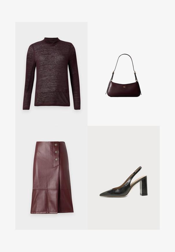 Dlhý rukáv, ľahký burgundský rolák s polopriesvitnou pleteninou, vystavený na bielom pozadí.; TWINSET COATED SKIRT - sukňa v tvare A - wine tasting; Čierna kožená slingback obuv s špicatou špičkou, vysokým hrubým podpätkom a béžovou vnútornou podšívkou na svetlom jednofarebnom pozadí.; Tmavo bordová kožená kabelka s úzkym čiernym ramenným popruhom a malým zlatým logom "cK" v strede vpredu.