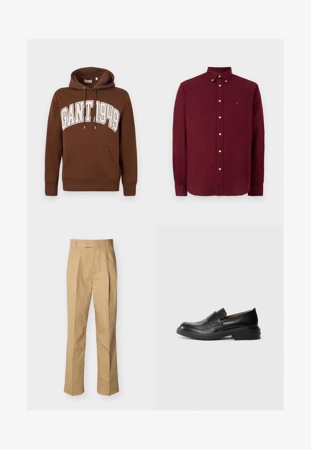 Καφέ βαμβακερό φούτερ με κουκούλα και τσέπη καγκουρό, κορδόνι στην κουκούλα και λευκή επιγραφή "GANT 1949" μπροστά. Ριμπ τελειώματα σε μανσέτες και κάτω μέρος.; Βουργουνδί μακρυμάνικο πουκάμισο από βαμβάκι, με κλειστή κορώνα, μπροστινή κουμπωτή κλείσιμο και μικρό λογότυπο στο στήθος.; Μπεζ παντελόνια από απαλό βαμβάκι με ψηλή μέση, διακοσμημένα με πιέτες στο μπροστινό μέρος και ίσια πόδια. Χωρίς ορατά μεταλλικά στοιχεία ή σχέδια.; Μαύρο δερμάτινο παπούτσι με χαμηλό τακούνι και διακριτικό λογότυπο Calvin Klein στο πλάι, παρουσιασμένο σε προφίλ σε λευκό φόντο.