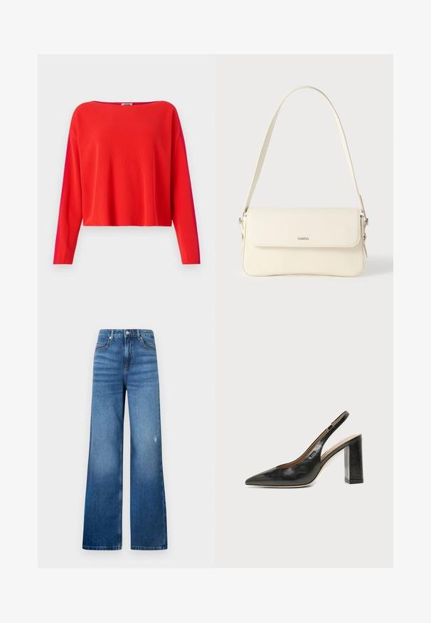 Jersey de canalé rojo con mangas largas, corte cropped y un panel lateral en magenta de contraste. Textura suave, escote amplio.; Jeans de denim azul de pierna ancha con un ligero desgastado, que cuentan con cinco bolsillos y una cinturilla estándar con cierre de botón. Textura suave.; Zapato slingback de piel negra con puntera puntiaguda, tacón alto y ancho, y forro interior beige sobre un fondo claro y liso.; Bolso de hombro de cuero color crema con cierre de solapa, herrajes plateados, una sola correa ajustable y detalles sutiles con el logo.