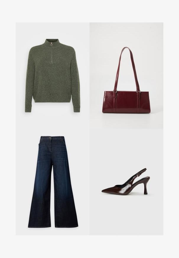 Pull en tricot vert foncé, présentant un col haut avec une fermeture éclair demi-zip et une texture côtelée sur toute la surface.; Jean en denim bleu foncé à jambes larges, fermeture à boutons et zip, poches avant et coutures apparentes.; Talons slingback en cuir verni brun avec un bout pointu, un talon fin, et une sangle réglable avec une petite boucle.; Sac à main bordeaux en matériau brillant, de forme rectangulaire, avec deux anses et des accents légèrement courbés à l'avant.