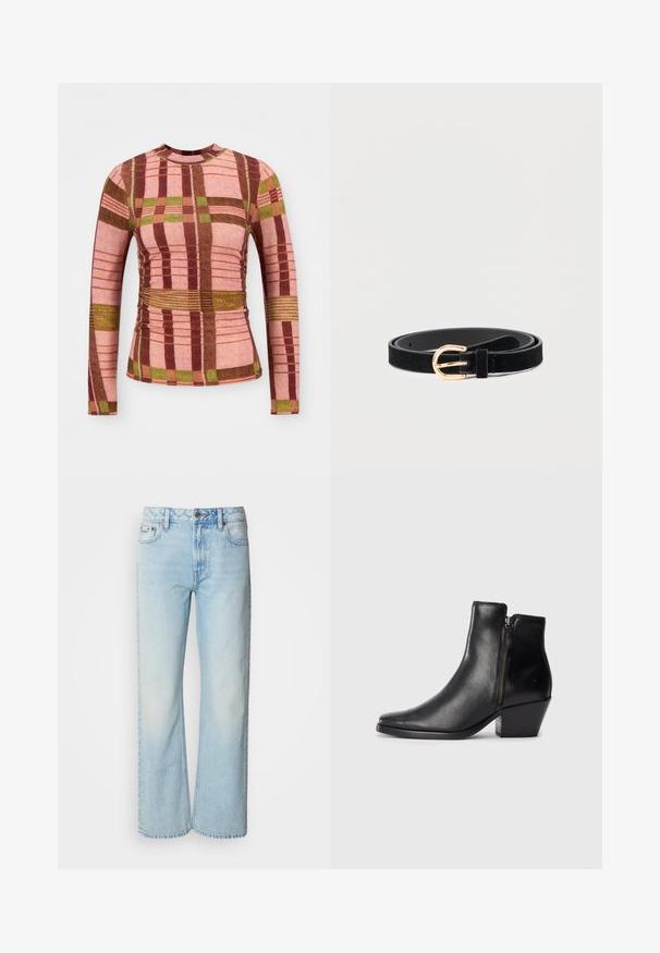 Haut à manches longues en tartan avec des couleurs rose, marron et vert, en tissu texturé, avec un détail froncé à la taille et aux manches.; Jeans à jambes larges bleu clair en denim, présentant un design classique à cinq poches et une texture légèrement décolorée. La couture en denim est visible.; Bottines en cuir noir avec un bout pointu, une fermeture éclair sur le côté et un talon épais. Texture lisse et design minimaliste.; Ceinture en daim noir à profil fin, dotée d'une boucle en métal doré. Texture lisse avec un détail minimaliste de couture.