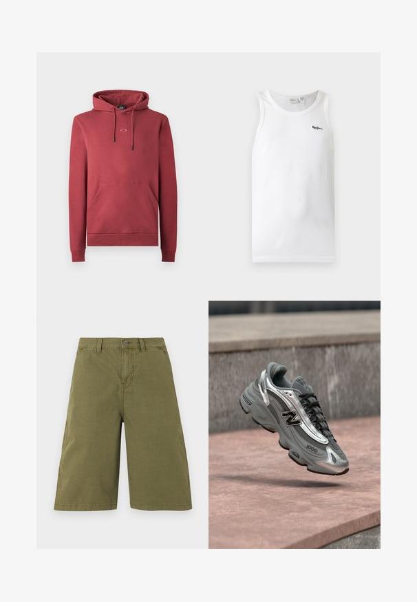 Rød bomulds hoodie med en frontlomme, snoretræk hætte og lille logo på brystet. Har ribbede manchetter og kant.; Hvid ærmeløs, ribstrikket tanktop med rund halsudskæring og lille sort broderet logo på venstre bryst.; Olivengrønne knælange shorts med bæltestropper, forreste knap, lynlås og sidelommer, vist på hvid baggrund.; Grå og sølvfarvet New Balance-sneaker mærket "1000", der svæver over en rosafarvet stenet overflade med en grå stenvæg i baggrunden.