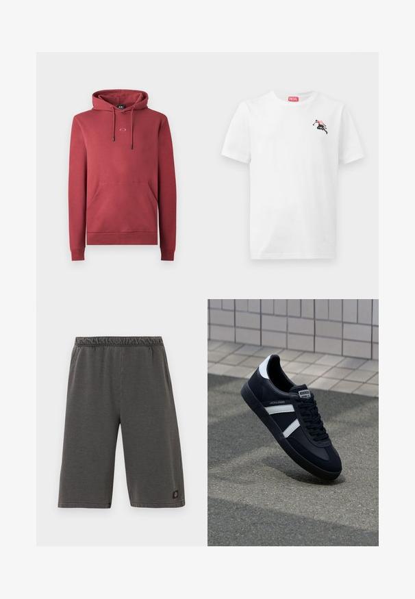 Rød bomulds hoodie med en frontlomme, snoretræk hætte og lille logo på brystet. Har ribbede manchetter og kant.; Hvid bomulds-T-shirt med en lille sort og rød grafik på venstre bryst og et rødt logomærke ved halsudskæringen. Korte ærmer, rund hals.; Mørkegrå knælange shorts med elastisk talje og sidelommer, med en lille mærkelogo nær nederste kant på det ene ben.; Sort lædersneaker med hvide striber, tekstureret gummisål og snørrebånd foran. Har et brandet mærke på tungen.