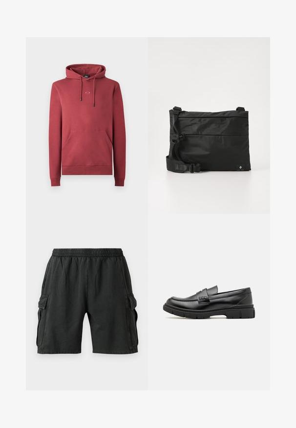 Rode katoenen hoodie met een voork pocket, trekkoord capuchon en klein logo op de borst. Kenmerkt geribde manchetten en zoom.; Zwarte cargoshorts met een elastische tailleband, twee zijzakken en twee cargozakken aan de zijkanten. Gemaakt van een zachte, lichtgewicht stof.; Zwarte leren instapper met een brede band over de voet, rubberen zool met dikke noppen en een gladde textuur. Klassiek, strak ontwerp.; Zwarte nylon boodschappentas met verstelbare riem, plat ontwerp en een zijlabel met een logo. Soepele textuur en minimalistische stijl.