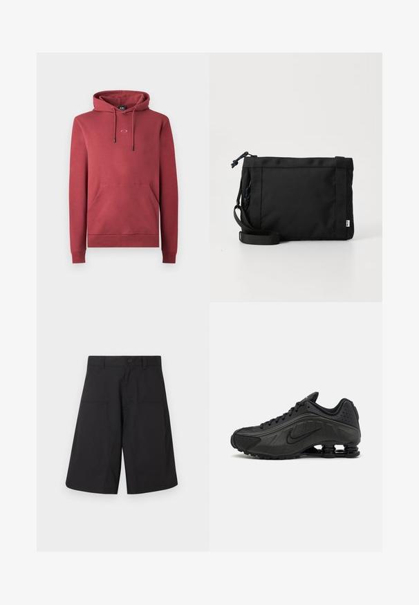 Rød bomulds hoodie med en frontlomme, snoretræk hætte og lille logo på brystet. Har ribbede manchetter og kant.; Sorte cargoshorts lavet af letvægtsstof med knaplukning og to forlommer, i et rent, lige snit.; Sorte løbesko med en glat syntetisk overdel, perforerede detaljer, teksturerede sidedele og en distinkt fjedrende sål.; Sort stof skuldertaske med en struktureret overflade, justerbar rem og snørelukning. Har kraftige syninger og et sideetiket.