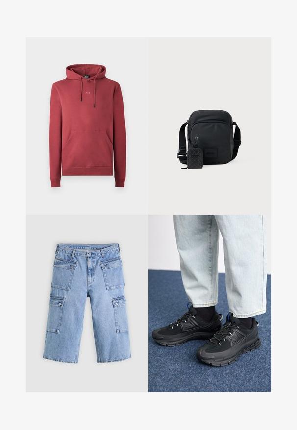 Rød bomulds hoodie med en frontlomme, snoretræk hætte og lille logo på brystet. Har ribbede manchetter og kant.; Lyseblå denim cargo-shorts med fire lommer med klap og knaplukning, vist fladt på en lys baggrund.; Sorte træningssko med tekstureret stof og gummisåler, udstyret med elastiske snørebånd og en blå detalje på hælen. Bæres med lyse denimbukser.; Sort kompakt crossbody taske med justerbar rem og frontlomme med lynlås, der har en lille vedhæftet mønstret pung med klips.