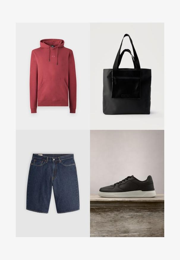 Rød bomulds hoodie med en frontlomme, snoretræk hætte og lille logo på brystet. Har ribbede manchetter og kant.; Mørkeblå denim shorts med et klassisk design, der har fem lommer, syninger, en knaplukning og buede baglommer.; Sort sneaker med hvid sål hængende over en træbænk, grønne blade i den slørede baggrund.; Sort tote-taske med lynlåslomme foran og to håndtag, sat mod en ensfarvet lys baggrund.