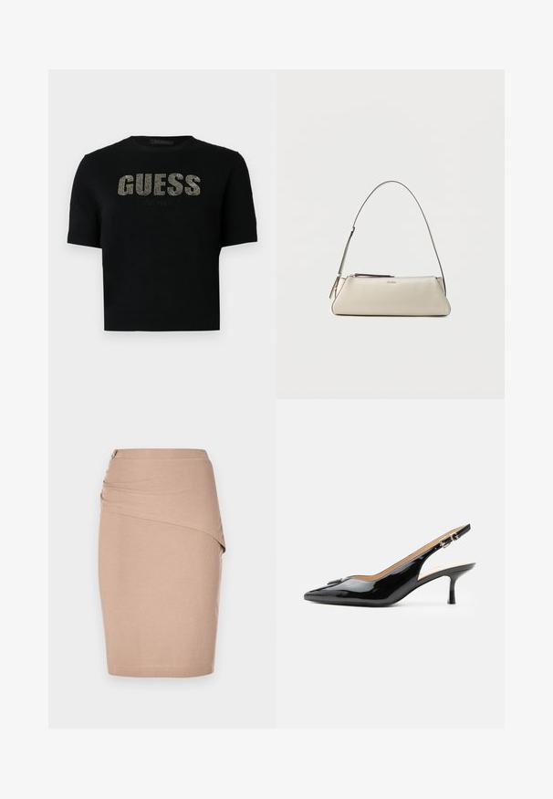 Pull noir à manches courtes avec un col et des poignets côtelés, orné de "GUESS" et "EST. 1981" en clous métalliques sur le devant.; Jupe crayon beige à mi-longueur, en tissu côtelé, dotée d'un design drapé à l'avant et d'une fermeture éclair sur le côté en argent. Texture lisse.; Escarpin slingback en cuir verni noir avec bout pointu, petit talon kitten et bride à boucle argentée sur fond blanc uni.; Petit sac à épaule en cuir beige avec une fine bandoulière et une fermeture éclair, orné d'un logo métallique discret au centre avant.