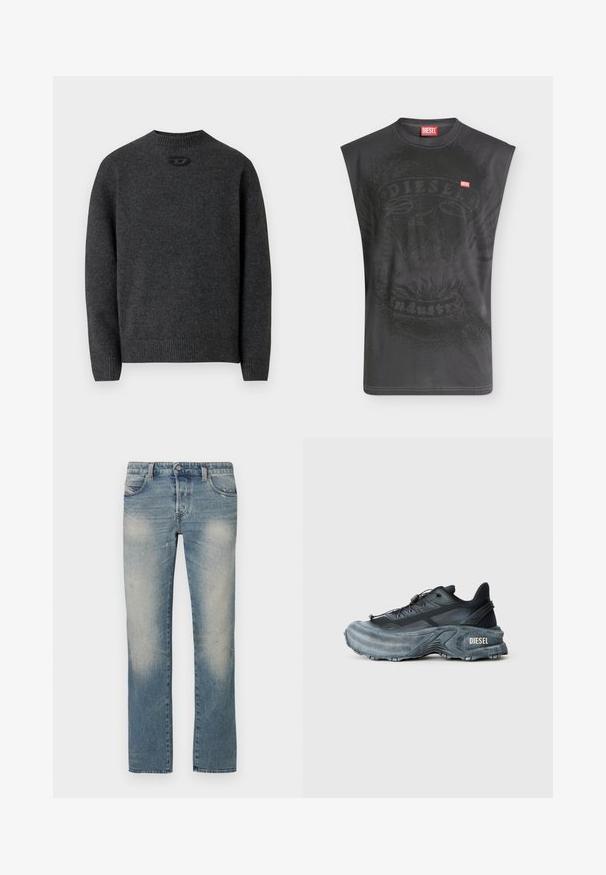 Mørkegrå sweater lavet af blødt strikket stof med rund halsudskæring og ribstrikkede manchetter og kant. Har et lille logodetalje på ryggen.; Ærmeløs sort Diesel t-shirt med subtilt ørne-grafik og lille rød Diesel logopatch på brystet.; Lyseblå denim jeans med lige ben, falmede områder, fem lommer og knaplukning. Stoffet viser let slid og brugsmærker.; Sort og grå Diesel sneakers med tyk sål, snørrebåndslukning og tekstureret design på en ensfarvet lysegrå baggrund.