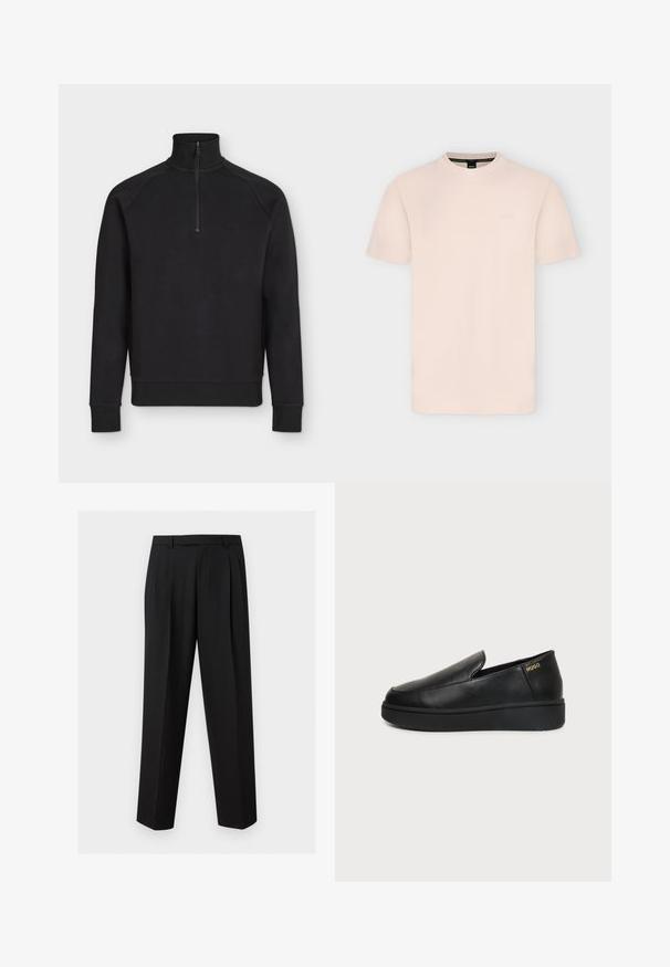 Pull noir à manches longues avec col montant côtelé et fermeture éclair demi-devant, poignets côtelés et logo discret sur la poitrine.; T-shirt beige clair à manches courtes et col rond avec un logo embossé subtil sur la poitrine et une étiquette noire à l'intérieur du col.; Pantalon noir sur mesure avec jambes droites, plis à la taille, passants de ceinture et poches latérales fendues, présenté sur un fond uni.; Chaussure noire en cuir à enfiler avec semelle épaisse et petits trous de ventilation latéraux, avec un logo doré "HUGO" près du talon.