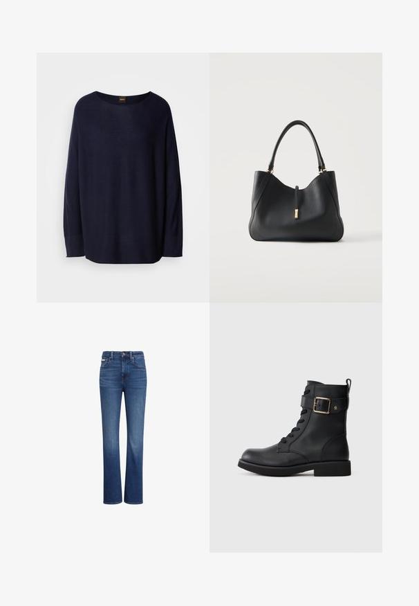 Dunkelblauer Pullover aus weichem Material, mit Rundhalsausschnitt, langen Ärmeln und lockerem Schnitt. Keine Muster oder Hardwaredetails sichtbar.; Blaue hoch taillierte Jeans mit geradem Bein, vorne mit Knopf- und Reißverschluss, fünf Taschen und dezenter Verblassung an Ober- und Knien.; Schwarze Leder-Stiefelette mit schnürbarem Vorderteil, breitem Riemen mit goldfarbener Schnalle und Schlaufe zum Hochziehen an der Rückseite vor einem schlichten hellen Hintergrund.; Schwarze Ledertasche mit einem Schulterriemen und goldfarbenem Verschluss auf weißem Hintergrund.