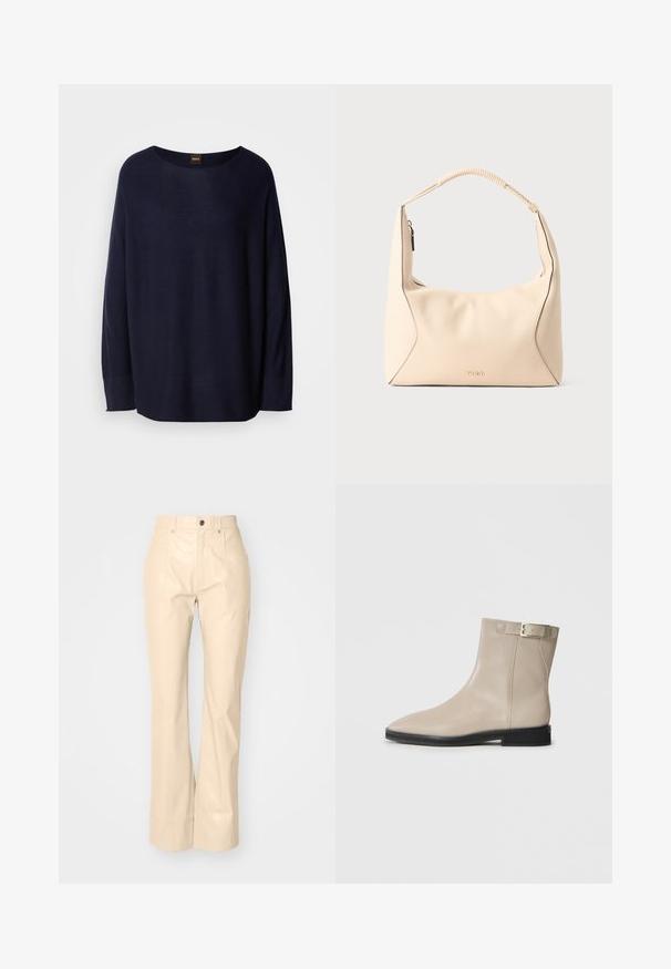 Mørkeblå sweater lavet af blødt materiale, med rund halsudskæring, lange ærmer og en afslappet pasform. Ingen mønstre eller hardware detaljer synlige.; Beige faux læder fløjsbukser med en glat overflade, der har frontlommer, knaplukning og en subtil shiny finish.; Beige læder ankelstøvle med spids tå, sort sål, lav hæl og guld spænde rem på ydersiden, vist på hvid baggrund.; Cremefarvet læderhåndtaske med flet håndtag og guldlynlås, med subtilt præget "HUGO" logo i midten foran.