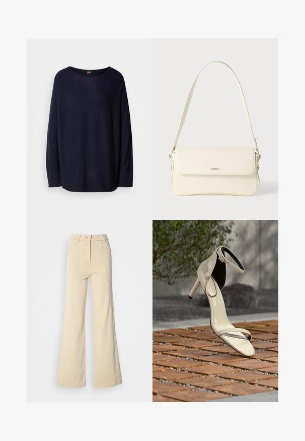Pull bleu marine en tissu doux, avec un col rond, des manches longues et une coupe décontractée. Aucun motif ni détail en métal visible.; Jeans beige à jambes larges avec taille haute, poches avant, et couture contrastée, dotés d'une fermeture à bouton et d'une texture en coton lisse.; Sandale beige à talons hauts avec bride à la cheville posée sur des lattes en bois en extérieur, avec un arrière-plan flou de verdure et de béton.; Sac à bandoulière en cuir couleur crème avec fermeture à rabat, quincaillerie argentée, une bandoulière réglable et un logo discret.