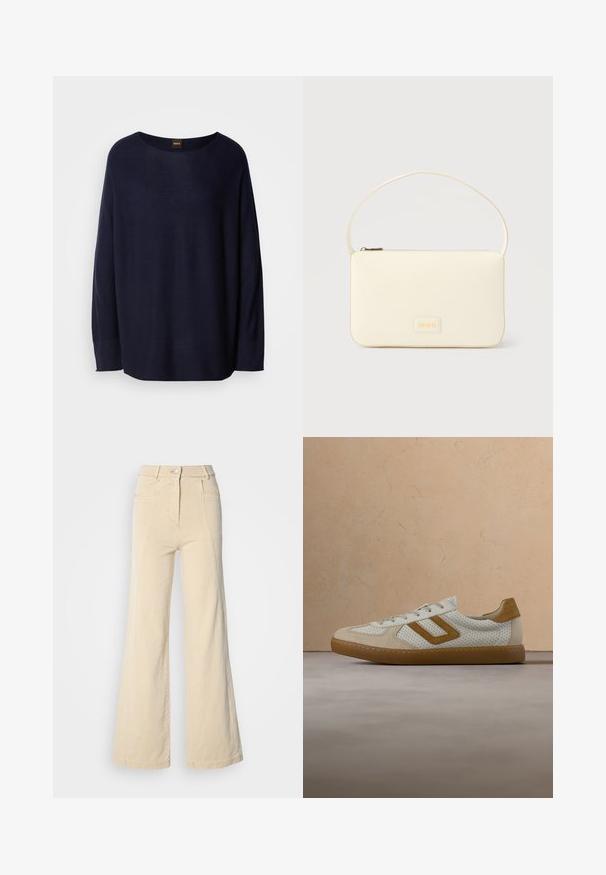 Mørkeblå sweater lavet af blødt materiale, med rund halsudskæring, lange ærmer og en afslappet pasform. Ingen mønstre eller hardware detaljer synlige.; Beige vidde jeans med høj talje, forlommer og kontrasterende syninger, udstyret med en knaplukning og en glat bomuldsstruktur.; Hvid sneaker med perforeret overdel, lysebrune ruskindsdetaljer og lysbrun gummisål. Har snørebånd og et minimalistisk design.; Kremfarvet rektangulær håndtaske med en enkelt rem og lynlås øverst, med en lille præget logo-plakette foran.