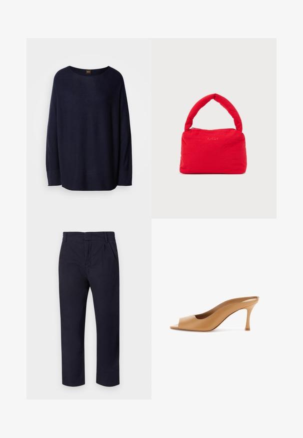 Navy blue neule, joka on valmistettu pehmeästä kankaasta. Siinä on pyöreä kaula-aukko, pitkät hihat ja rento malli. Ei näkyviä kuvioita tai metalliosia.; Tummansiniset puuvillahousut, joissa on suora lahje, pleat-edestä ja vyölenkit vyötäröllä.; Vaaleanruskea nahkainen avoin kärki mulesandaali, jossa on ohut keskikorkea piikkikorko, kaareva yläreuna ja slip-on-malli valkoisella taustalla.; Punainen pehmeä kangaslaukku, jossa on pehmustettu kahva ja yläpäästä vetoketjulla suljettava, yksinkertaista vaaleaa taustaa vasten.