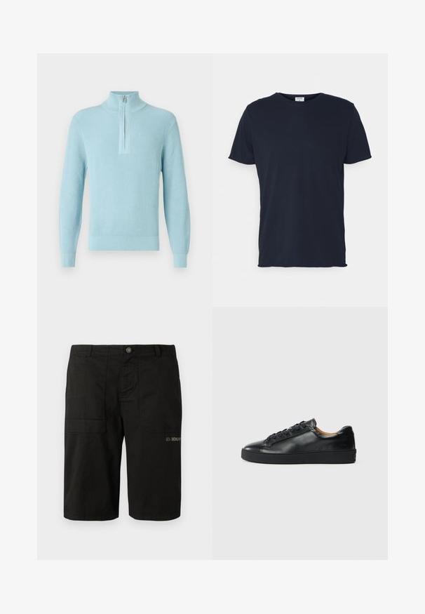 Pull bleu clair côtelé avec un col montant, une fermeture à glissière mi-hauteur, des manches longues et un ourlet ajusté, fabriqué en tissu doux et texturé.; T-shirt en coton bleu marine avec un col rond et des manches courtes, présentant une texture lisse et un design simple, sans motifs ni accents visibles.; Shorts cargo noirs en coton, avec fermeture à bouton, deux poches latérales et broderie discrète "LES BENJAMINS" à l'avant.; Baskets en cuir noir avec une texture lisse, bout rond et fermeture à lacets. Comprend une semelle en caoutchouc épaisse et un minimum de détails de marque.