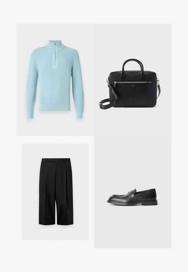 Pull bleu clair côtelé avec un col montant, une fermeture à glissière mi-hauteur, des manches longues et un ourlet ajusté, fabriqué en tissu doux et texturé.; Pantalon noir à jambes larges et courtes avec passants de ceinture et plis avant, présenté sur un fond clair uni.; Mocassins en cuir noir avec une finition texturée, dotés d'une bride décorative à l'avant et d'un bout arrondi. Semelle en caoutchouc pour plus de durabilité.; Serviette rectangulaire en cuir noir texturé avec double poignée, poche avant zippée et bandoulière réglable présentée sur fond blanc.